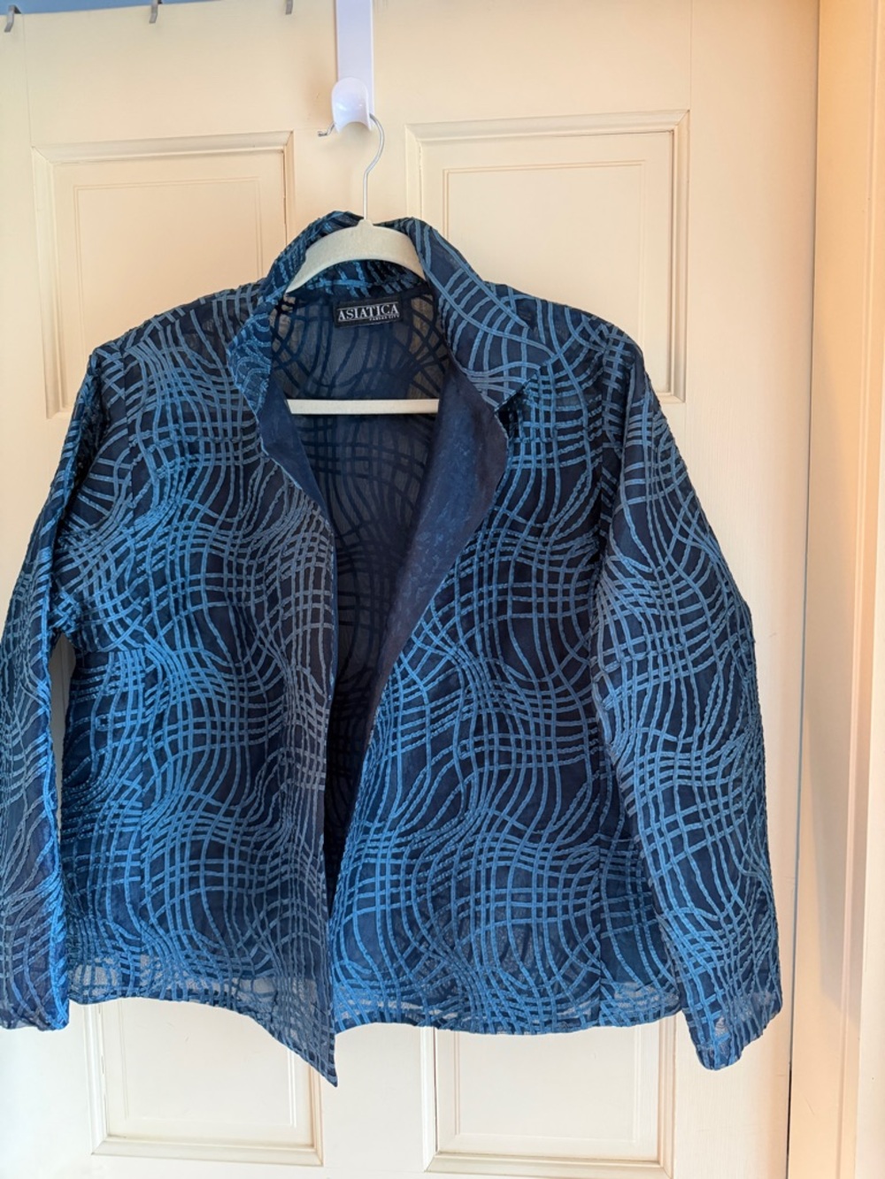 Asiatica vintage Navy Blue Patterned Silk Jacket - Picture 4 of 5